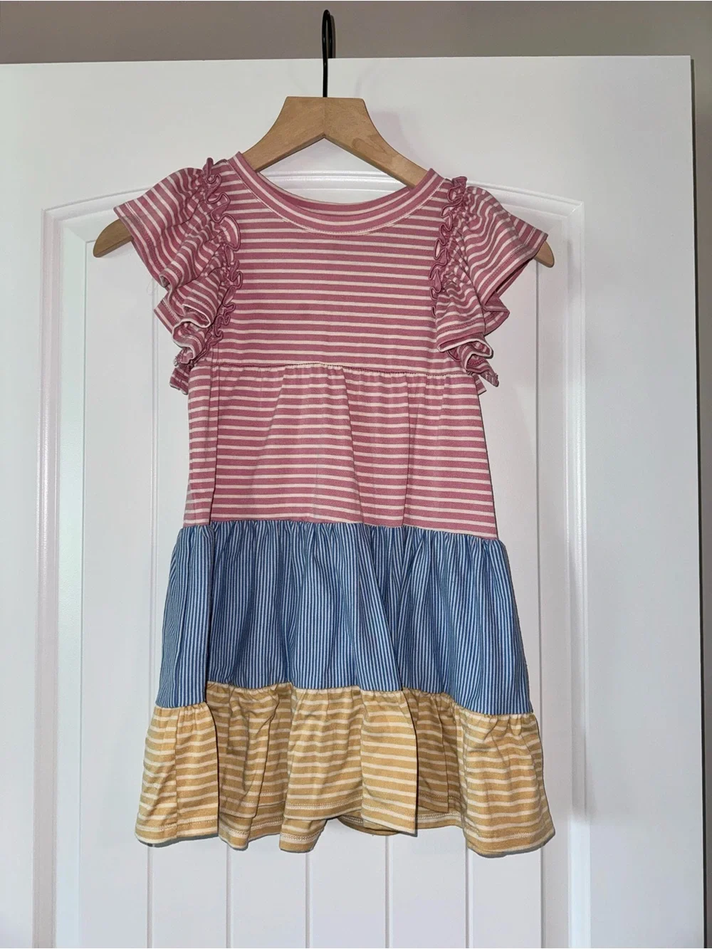 Girls' Pink, Blue & Yellow Tiered Stripe Dress